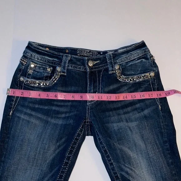 MISS ME 27 Signature Boot-cut distressed 5 Pocket Jeans Low Rise Factory Fading - Picture 6 of 16